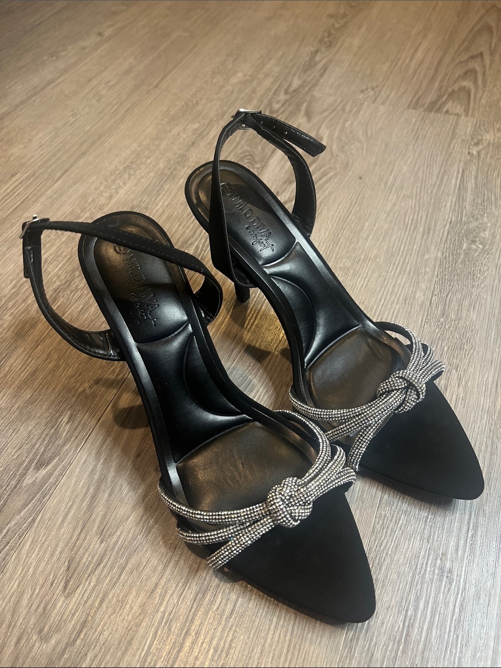 Black Heel-Strap Heels with Crystal Knot Detail